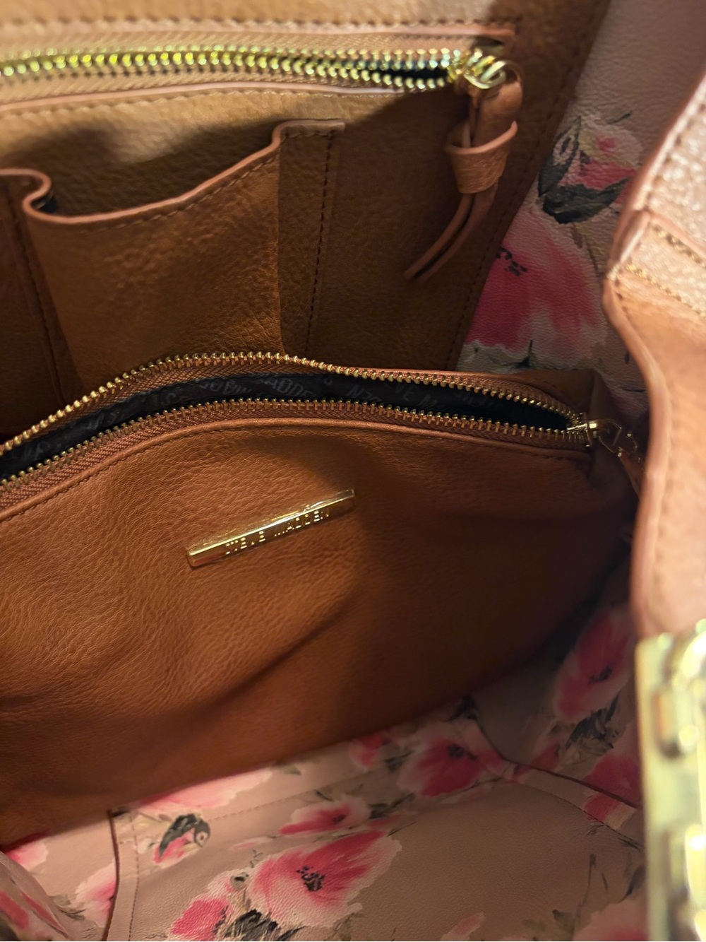 Steve Madden Tan Pebbled Leather Tote with Pink Floral Lining